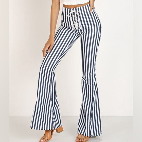 Show Me Your Mumu Mumu Blue Berkeley Tie Up Bells Nautical Stripe Jeans - Picture 2 of 15